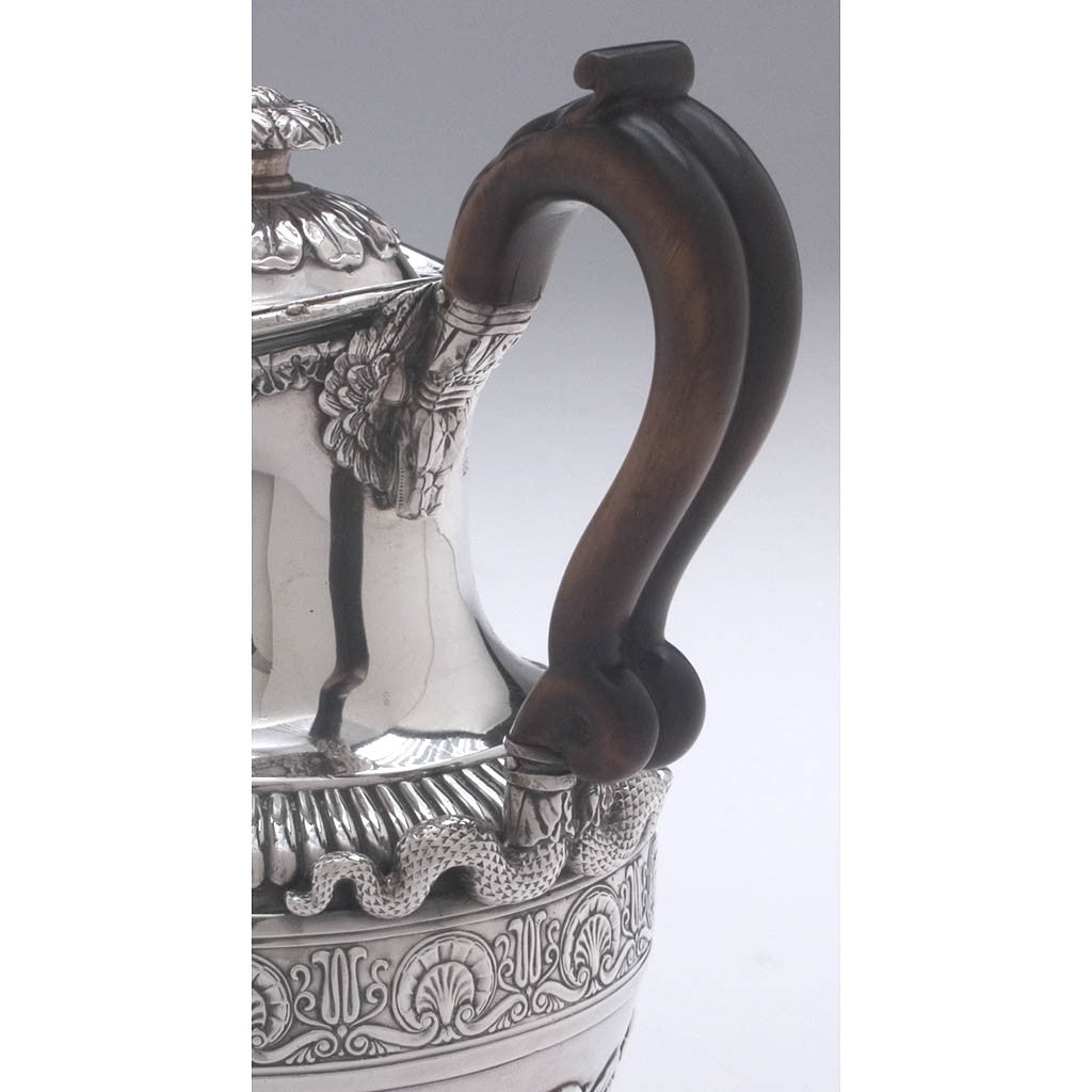 Handle on the The Baring Family English Sterling Silver Hot Water Jug or &#39;Turkey Coffee Pot&#39; by Robert Garrard, London, c. 1822/23, bearing the arms of Baring as borne by Sir Francis-Thornhill Baring, 3rd Baronet and First Baron Northbrook