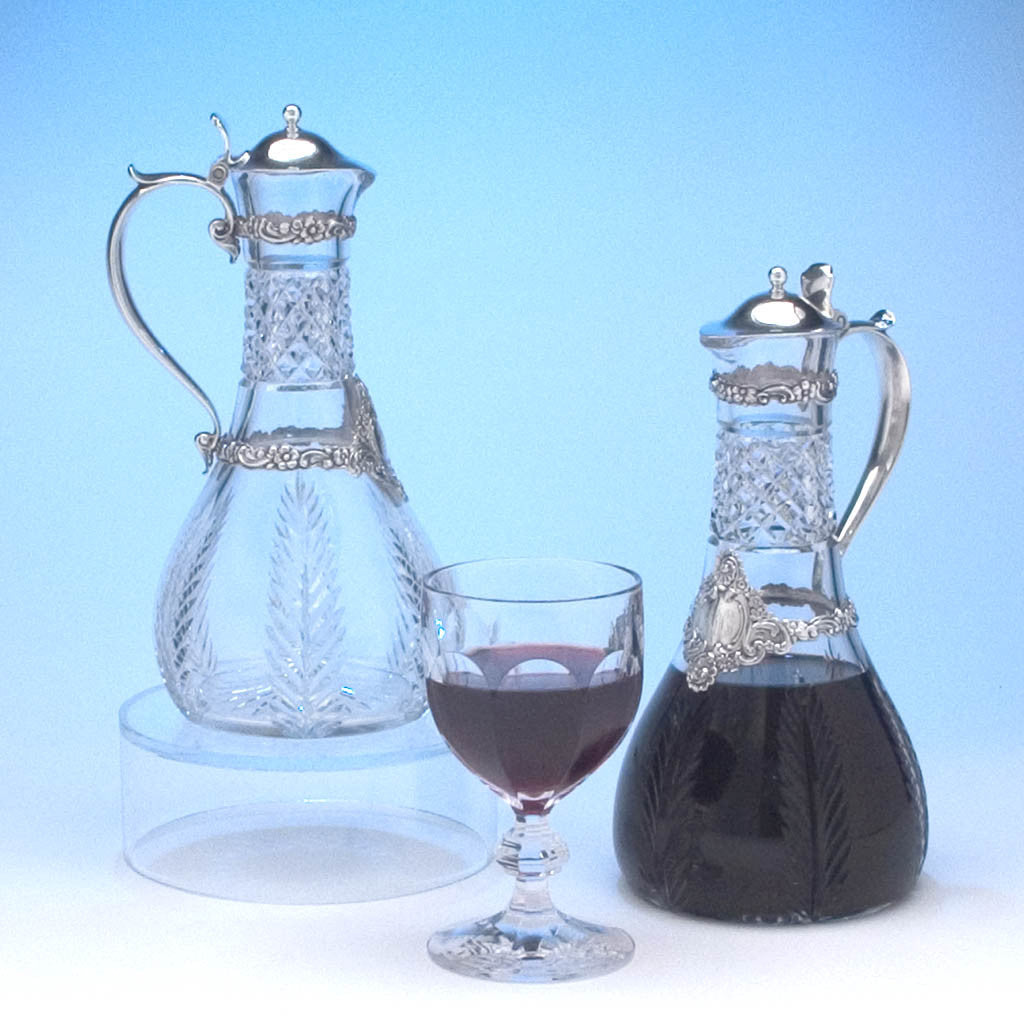 Pair of Tiffany Sterling Silver Mounted Cut Glass Decanters or 'Claret Jugs', c. 1894