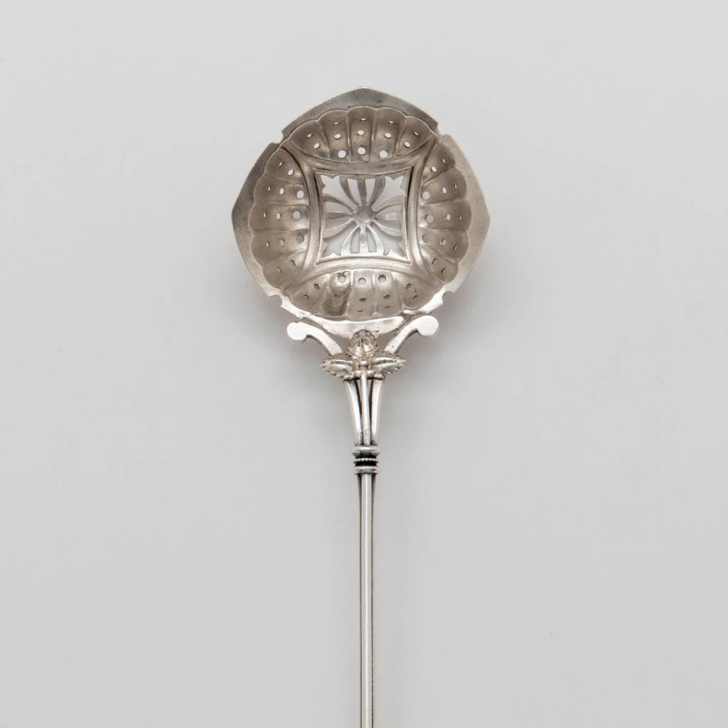 Bowl detail of the Whiting (attr) Bird Design Antique Sterling Silver Sugar Sifter, Attleboro, MA, c. 1870