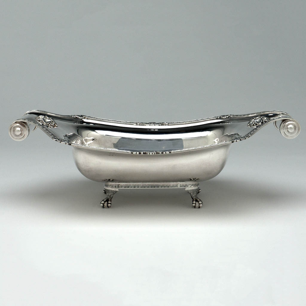 Side view of the Fletcher &amp; Gardiner Antique Coin Silver Bread Basket, Philadelphia, c. 1815, Retailed by J. B. Jones in Boston