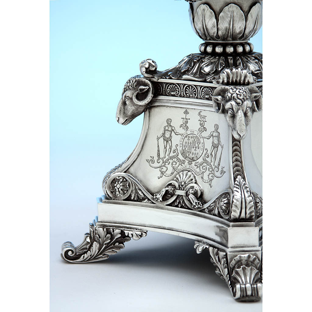 Rams&#39; head detail on Rebecca Emes &amp; Edward Barnard, Exceptional English Antique Sterling Silver Epergne, London - 1819/20