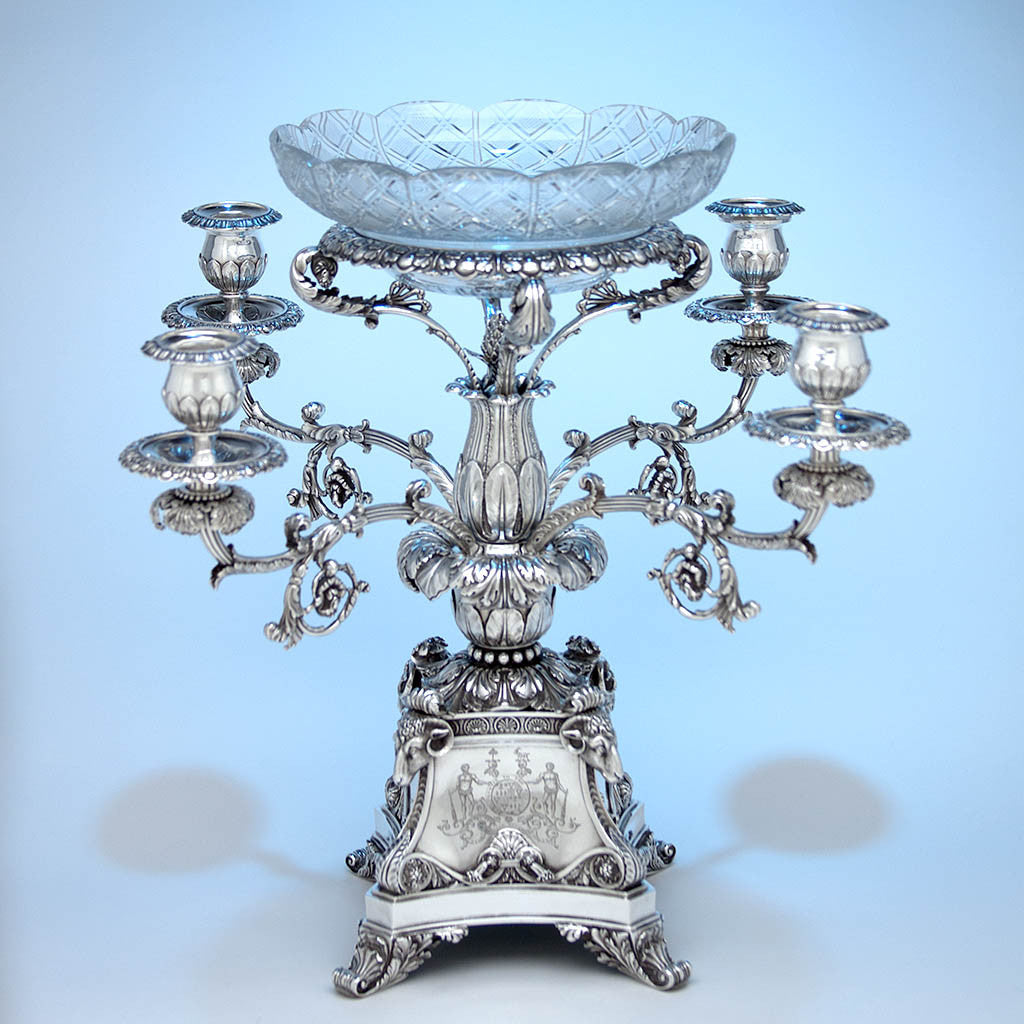 With candle holders Rebecca Emes &amp; Edward Barnard, Exceptional English Antique Sterling Silver Epergne, London - 1819/20