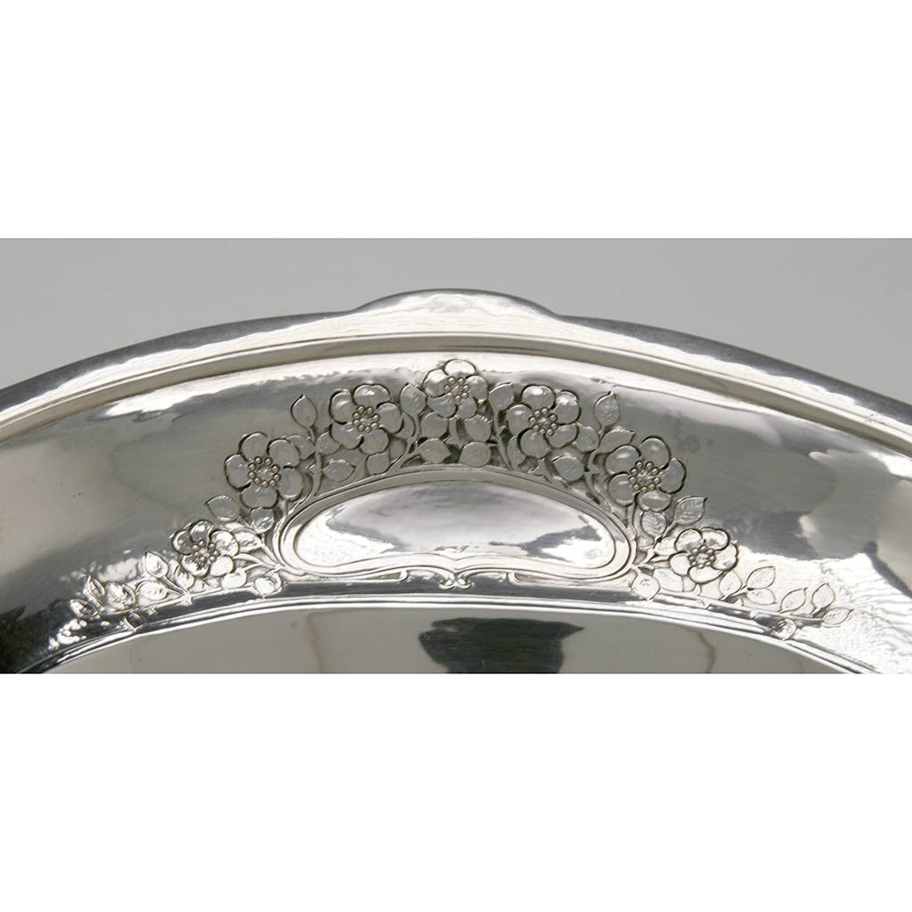 Floral detail on The Julia Marlowe Sothern Sterling Silver Bread Basket by Arthur Stone, Gardner, MA, c. 1915