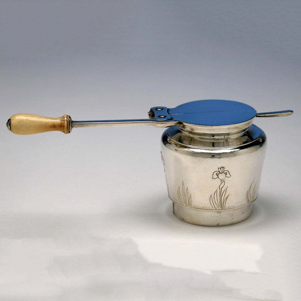 Burner to Arthur Stone Silver 6 Piece Decorated Arts &amp; Crafts Hand Wrought Coffee and Tea Service, 1921-27