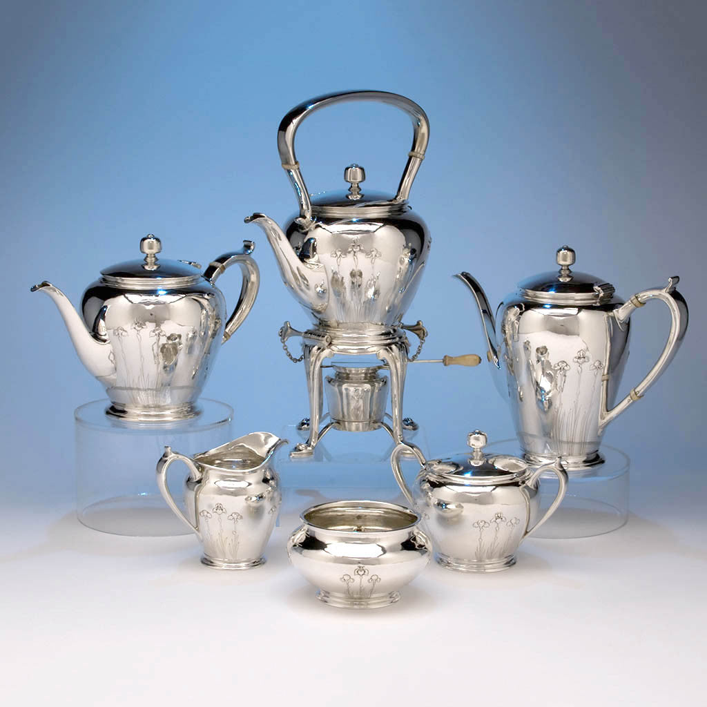 Arthur Stone Silver 6 Piece Decorated Arts & Crafts Hand Wrought Coffee and Tea Service, 1921-27