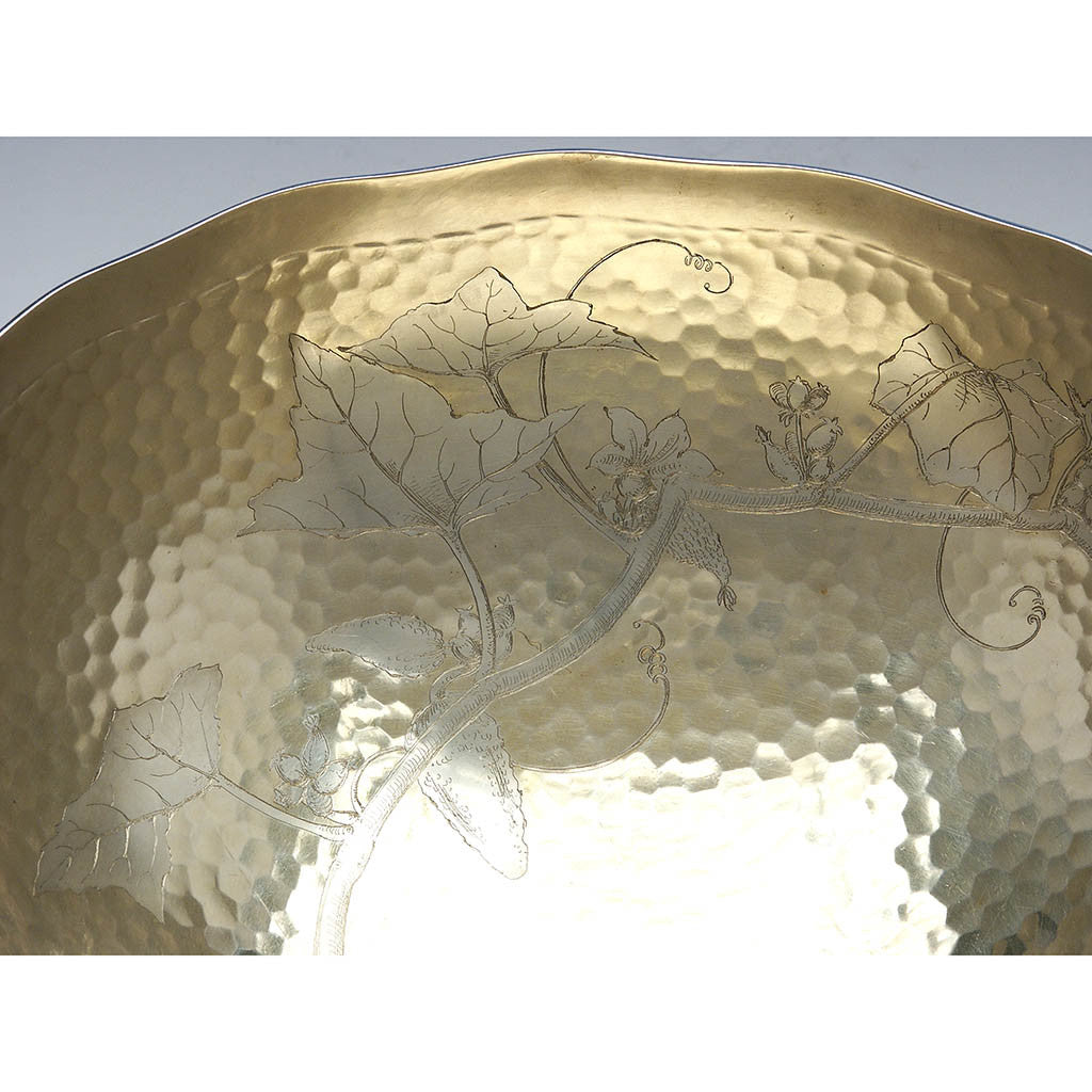 Engraved interior details on Tiffany &amp; Co. Extremely Rare and Fine Sterling and Parcel Gilt Aesthetic Movement Salad Bowl in the Japanese Taste, c. 1883