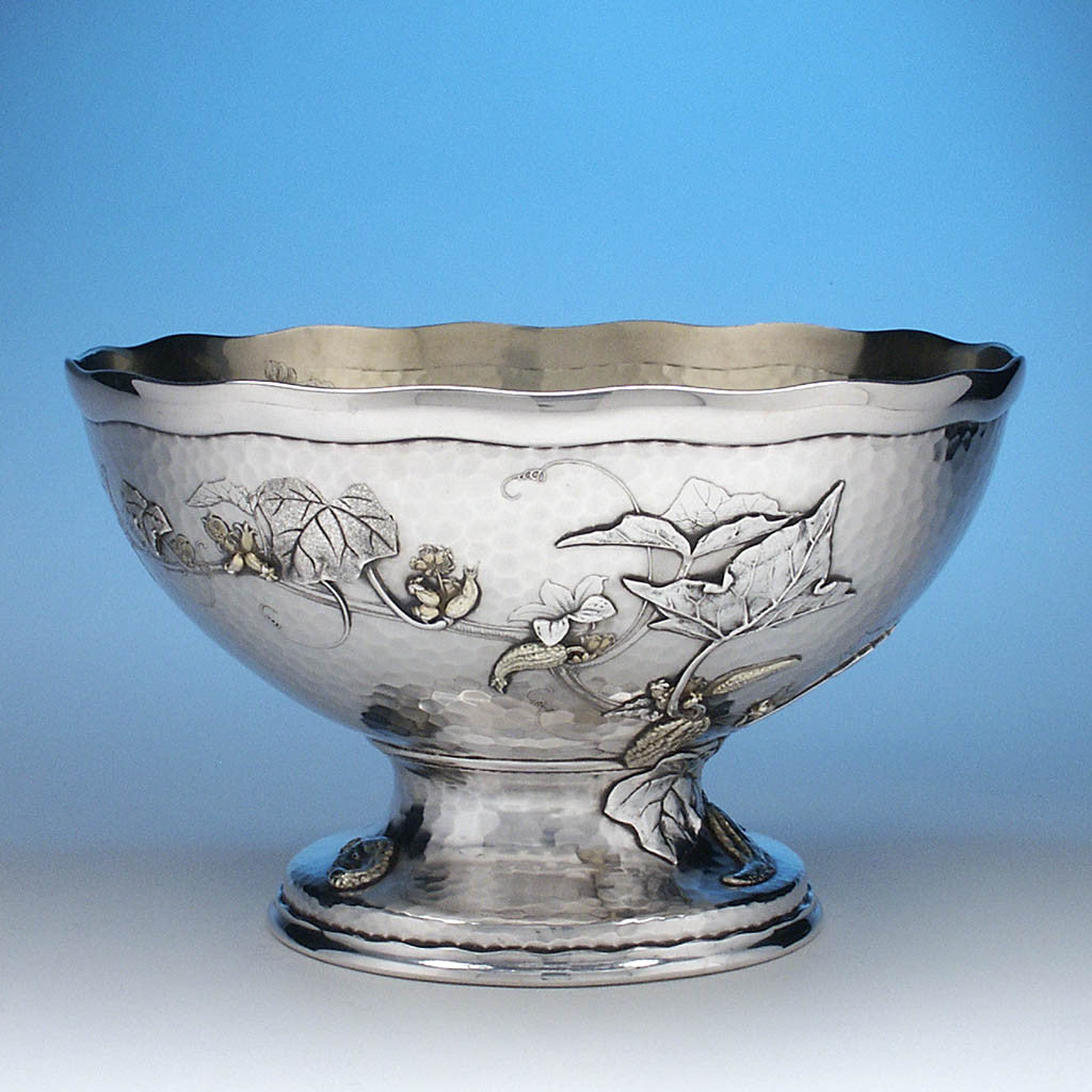 Tiffany & Co. Extremely Rare and Fine Sterling and Parcel Gilt Aesthetic Movement Salad Bowl in the Japanese Taste, c. 1883
