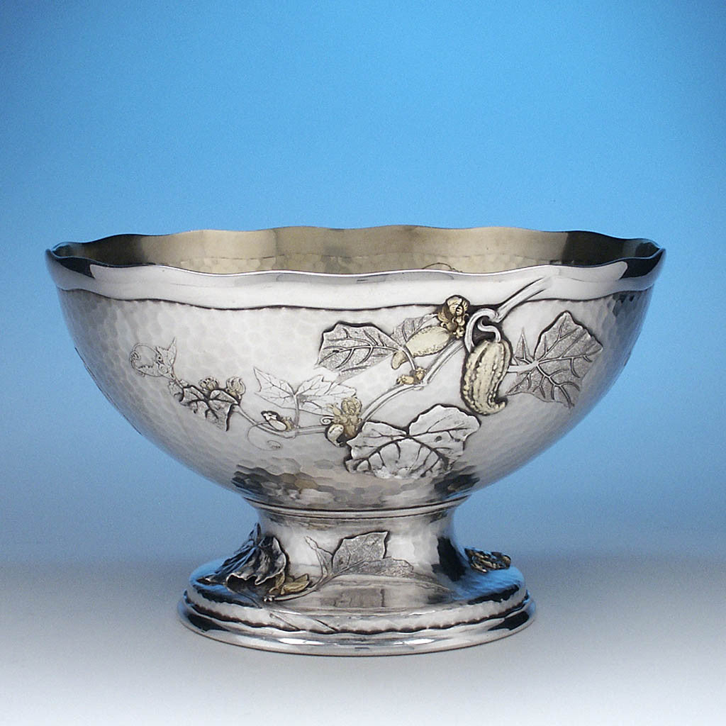 Reverse side of Tiffany &amp; Co. Extremely Rare and Fine Sterling and Parcel Gilt Aesthetic Movement Salad Bowl in the Japanese Taste, c. 1883