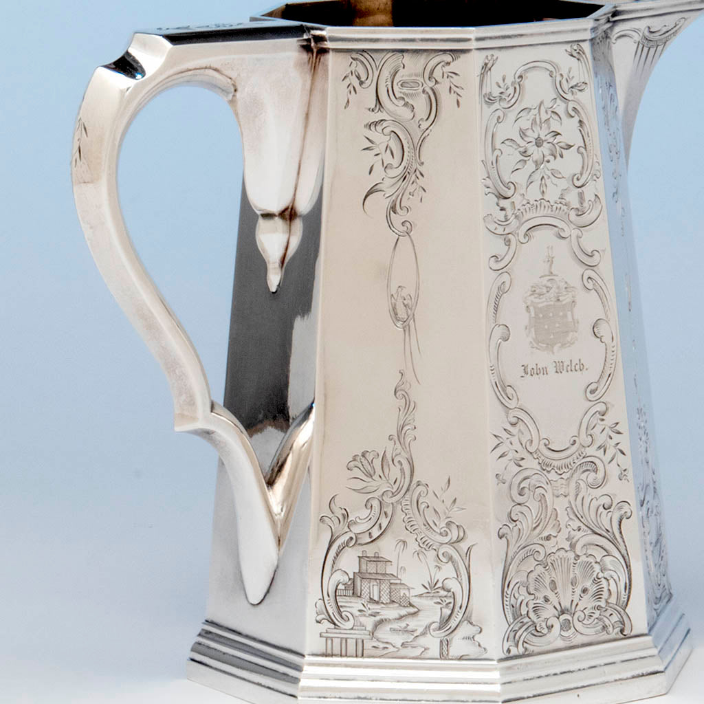 Handle and panel of the Lows, Ball and Company, likely by Obadiah Rich, Antique Coin Silver Pitcher, Boston, MA, 1840-46