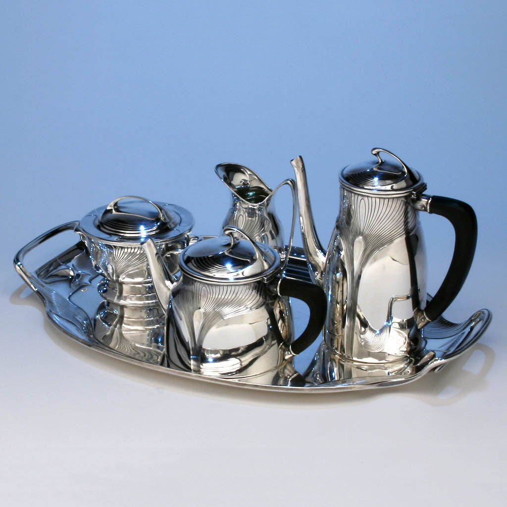 Angle view of Orivit Sterling Silver Art Nouveau Coffee and Tea Service with Tray, Cologne, Germany, c. 1904
