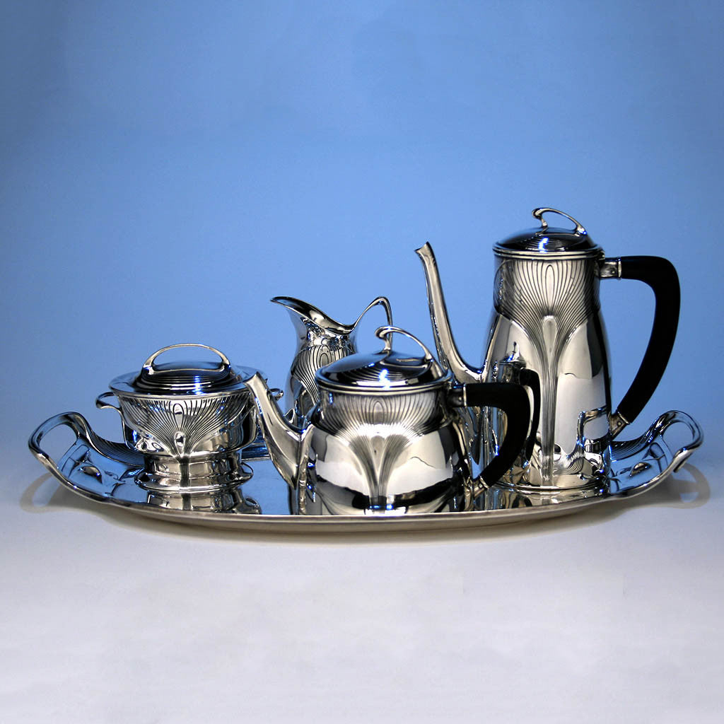 Orivit Sterling Silver Art Nouveau Coffee and Tea Service with Tray, Cologne, Germany, c. 1904