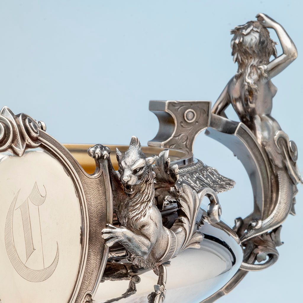 Creature detail on Monumental John Wendt(attr) Figural Sterling Centerpiece, NYC, NY, c. 1870s