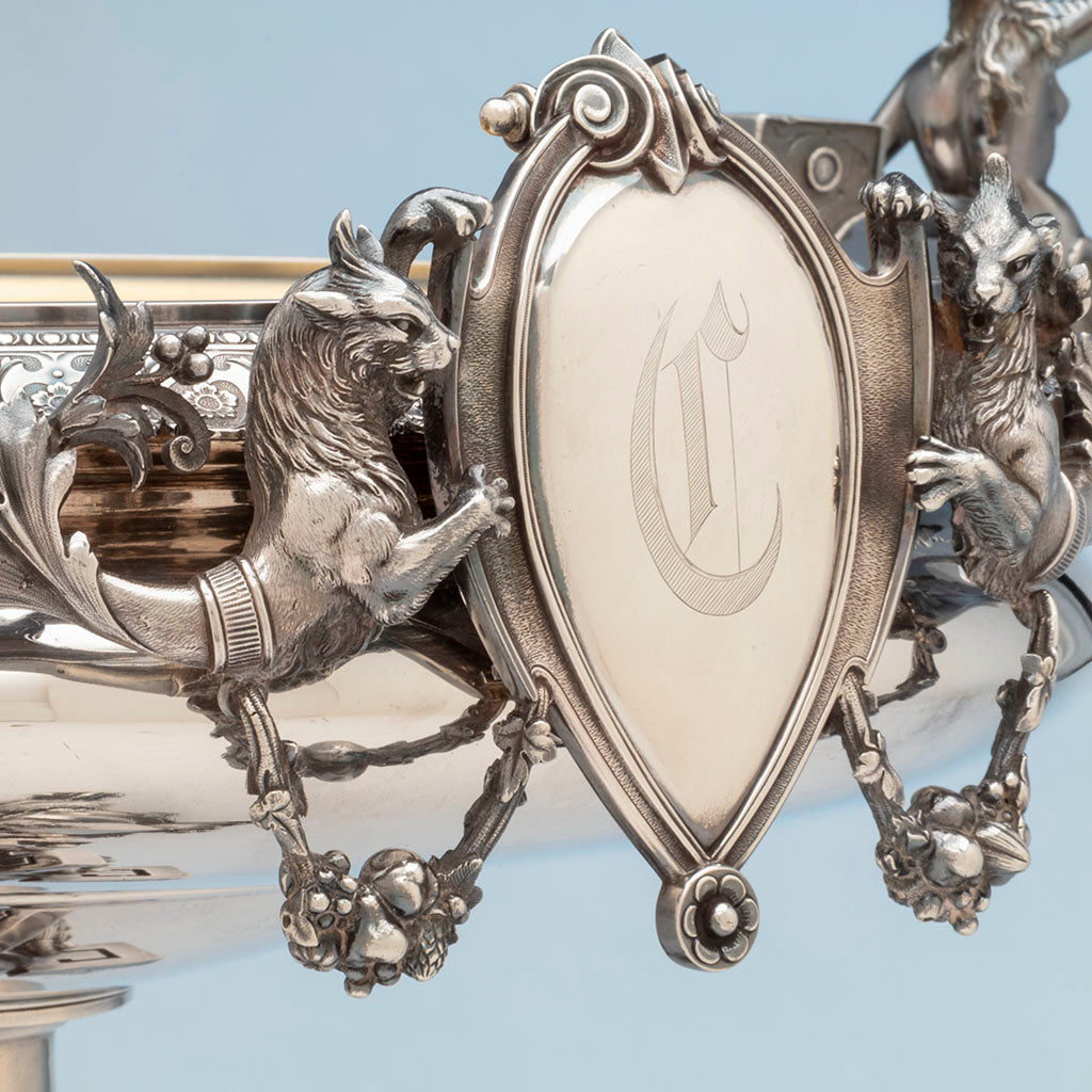 Mythical creatures on Monumental John Wendt(attr) Figural Sterling Centerpiece, NYC, NY, c. 1870s