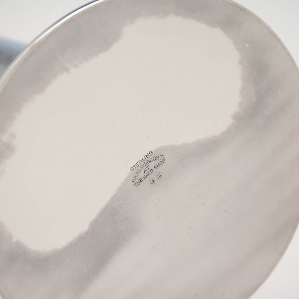 Underneath Pair of Kalo Shop Hand Wrought Sterling Silver Arts &amp; Crafts 12.5&quot; Tall Candlesticks, Chicago, Illinois - c. 1920&#39;s