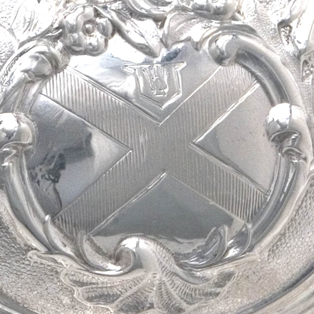 Arms on Rebecca Emes &amp; Edward Barnard Pair of English Sterling Silver Muffin or Breakfast Dishes, London, 1827/28, on Antique Sheffield Plate Stands