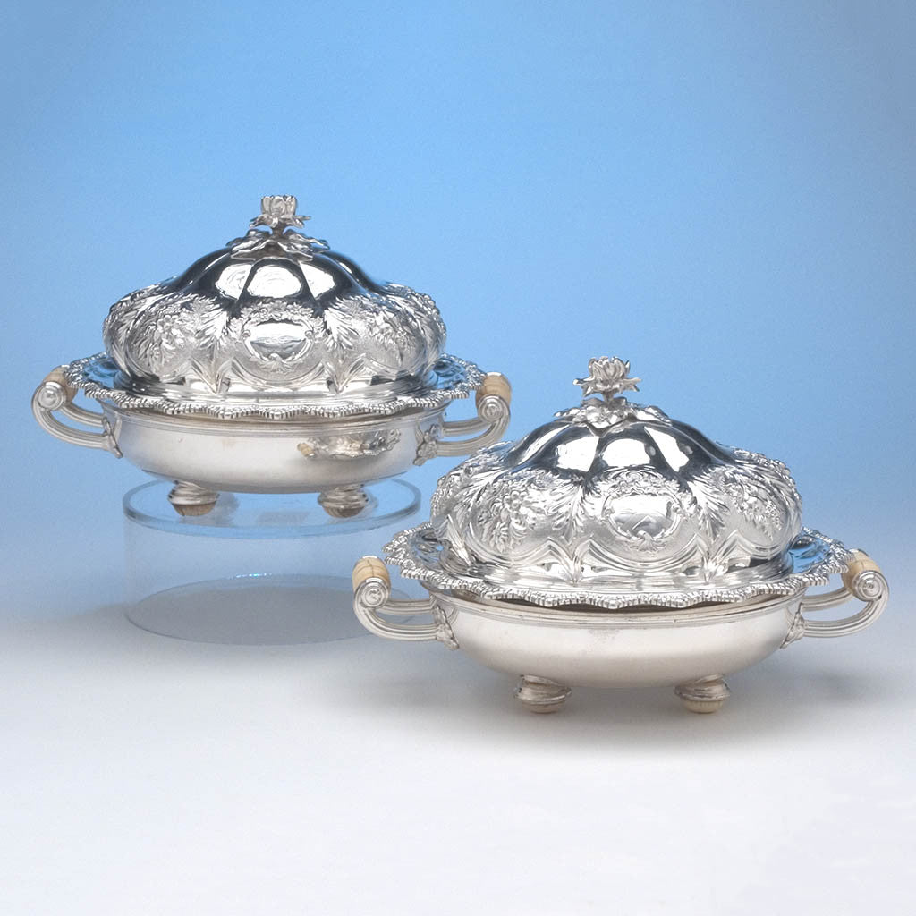 Rebecca Emes & Edward Barnard Pair of English Sterling Silver Muffin or Breakfast Dishes, London, 1827/28, on Antique Sheffield Plate Stands