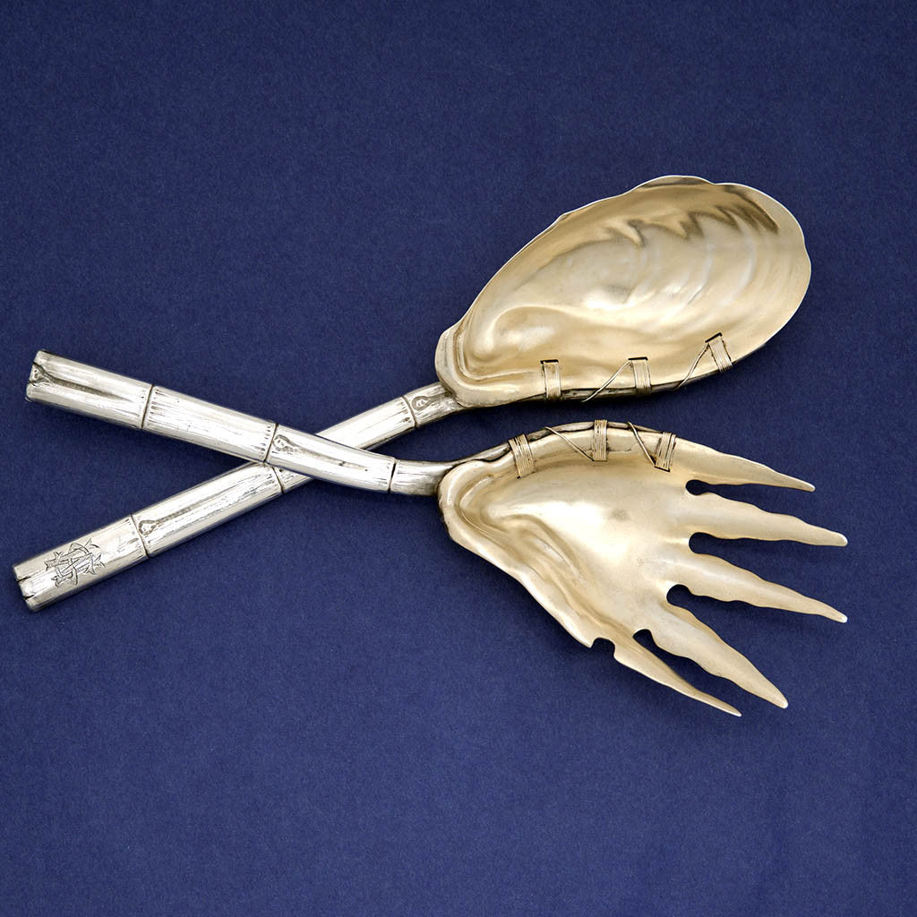 Crossed Gorham Sterling Silver Aesthetic Movement Naturalistic Serving Fork and Spoon Set, 1884