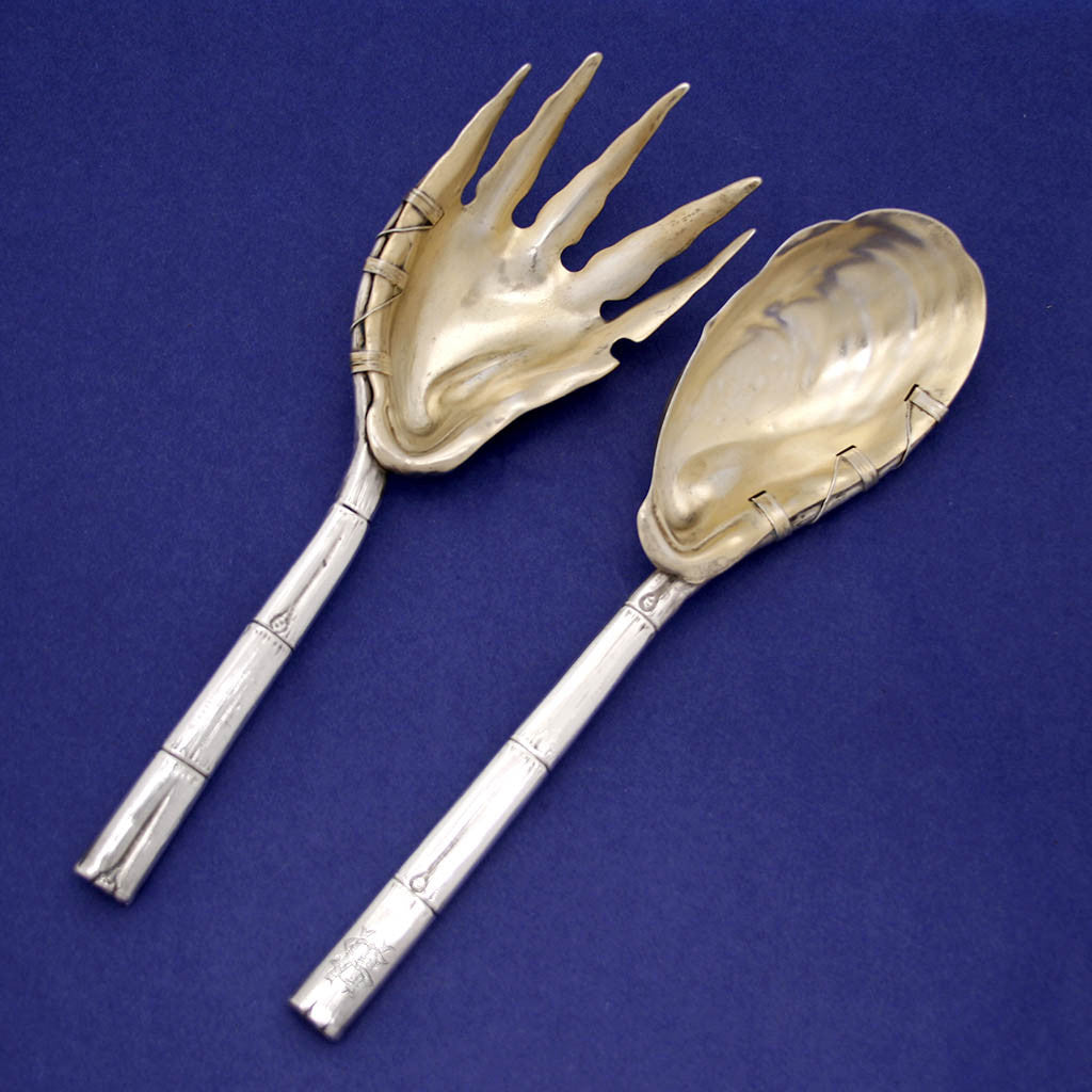 Gorham Sterling Silver Aesthetic Movement Naturalistic Serving Fork and Spoon Set, 1884