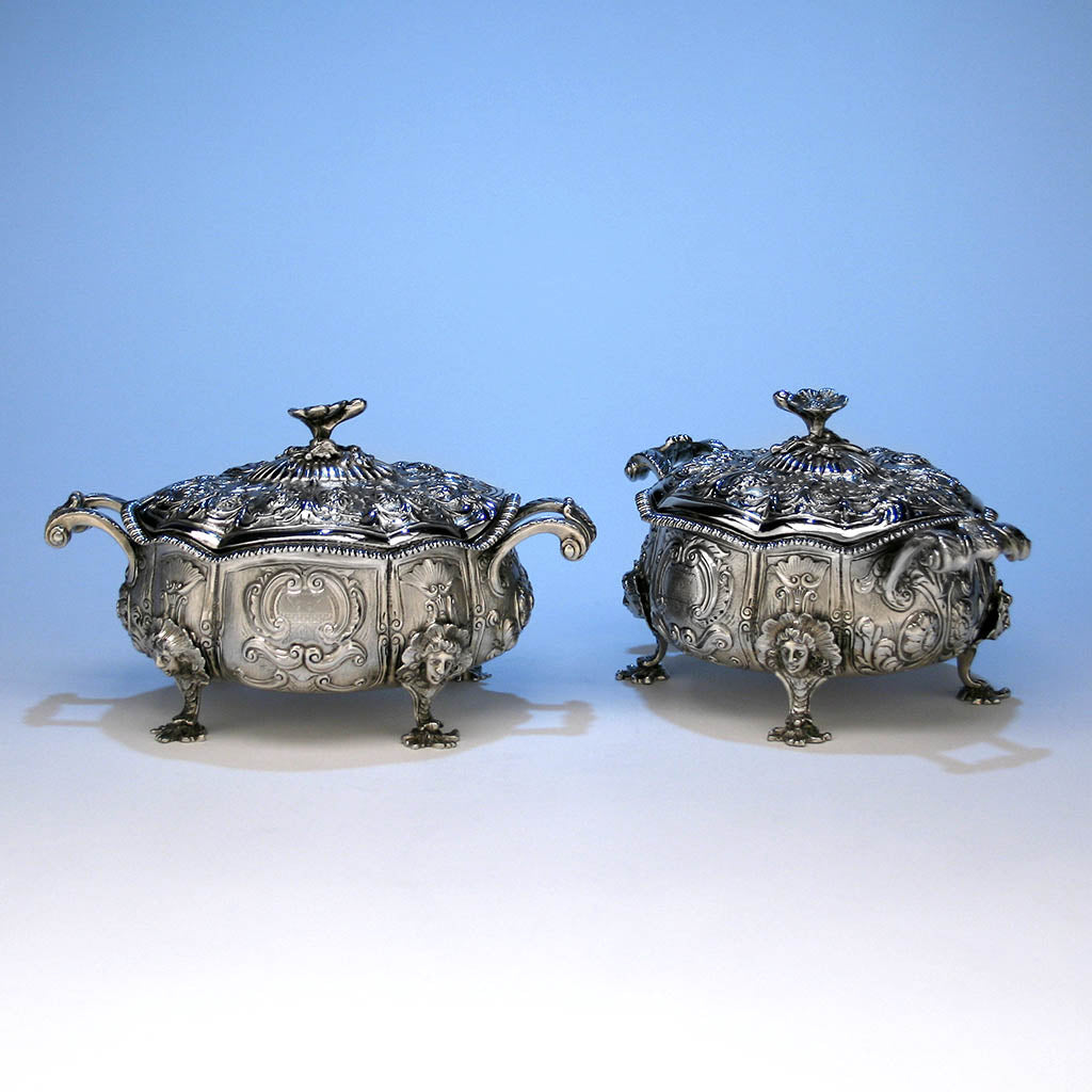 Stunning The McCall Family Pair of English Antique Sterling Silver Sauce Tureens by John Wakefield, London, 1820/21
