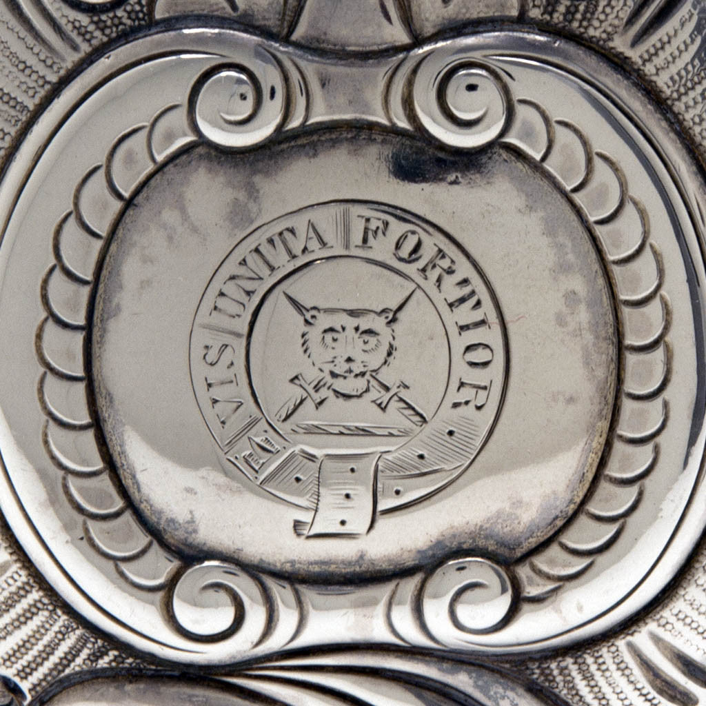 Crest of Robert W. Smith The Captain William McClintock-Bunbury Antique Irish Victorian Sterling Silver Covered Hot Beverage Pitcher, Dublin, 1852/53