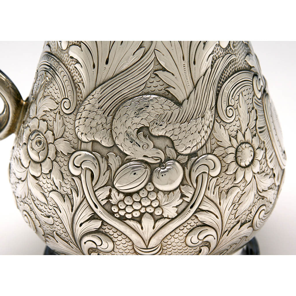 Detail of Robert W. Smith The Captain William McClintock-Bunbury Antique Irish Victorian Sterling Silver Covered Hot Beverage Pitcher, Dublin, 1852/53