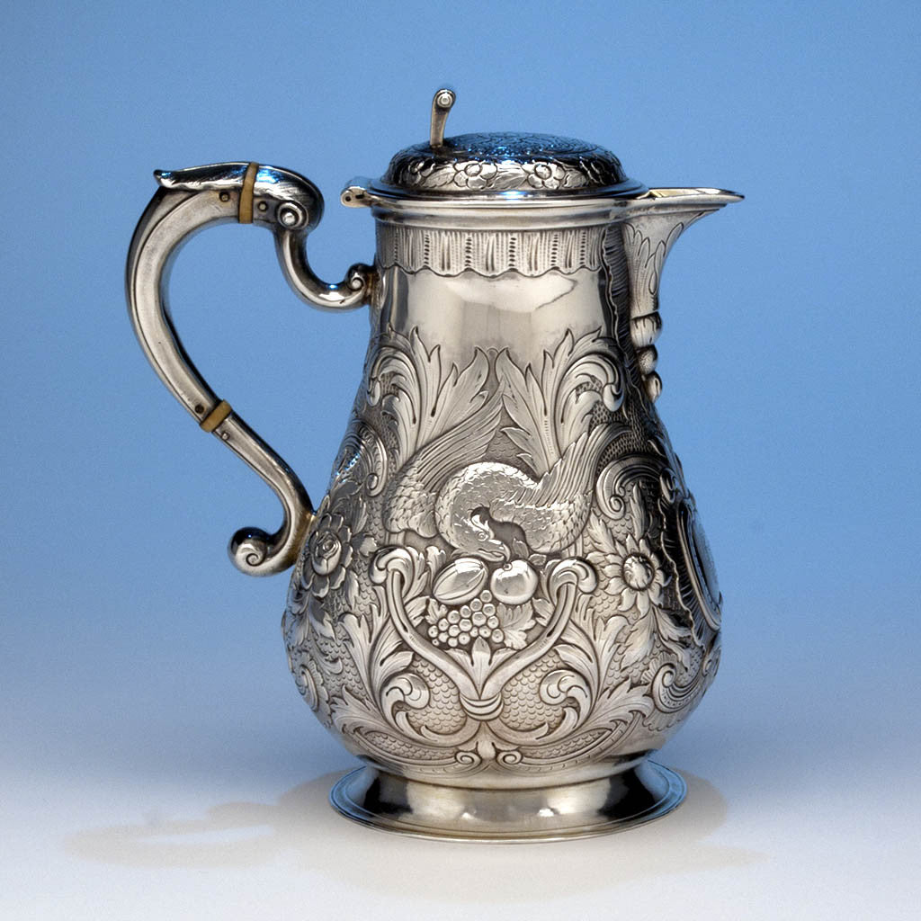 Robert W. Smith The Captain William McClintock-Bunbury Antique Irish Victorian Sterling Silver Covered Hot Beverage Pitcher, Dublin, 1852/53