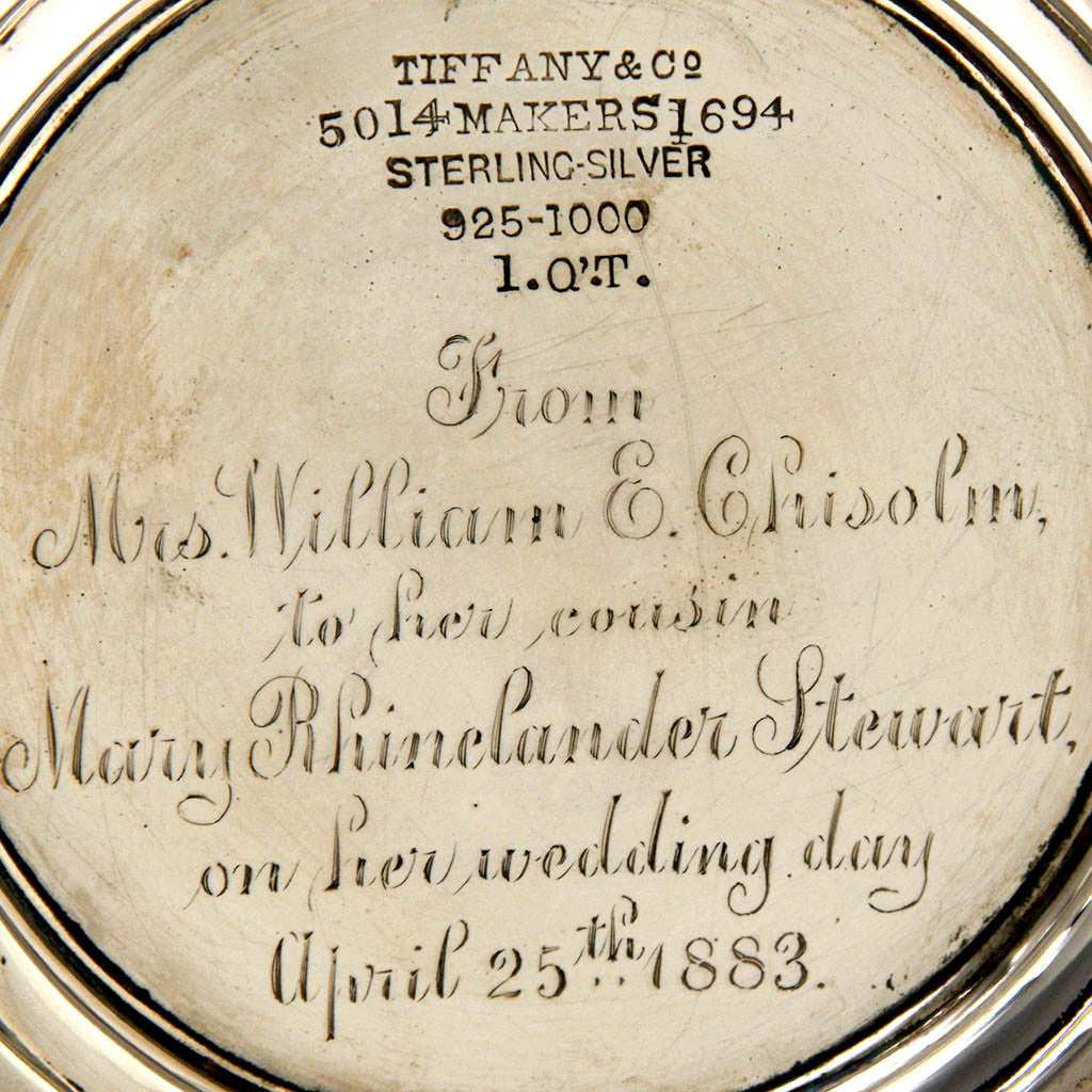 Inscription on Tiffany &amp; Co Antique Sterling Silver Persian-style Hot Milk Jug, New York City, 1883