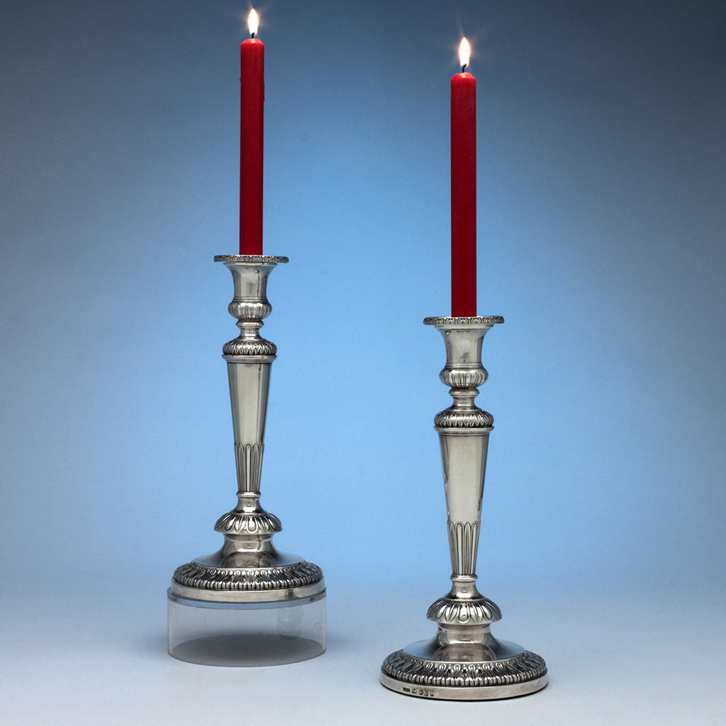 John Roberts &amp; Co Pair of Antique English Sterling Silver Candlesticks, Sheffield, 1807/08