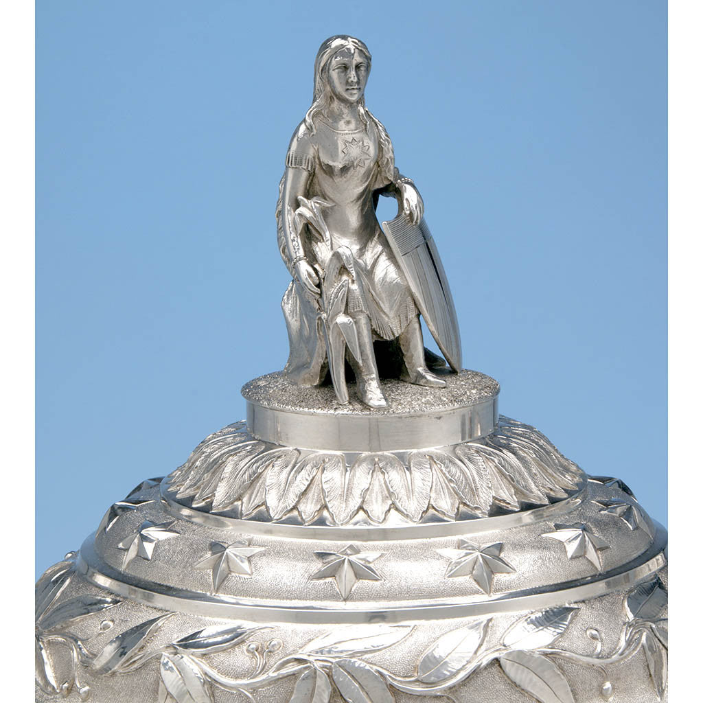 Front of American Indian on James Thomson - The McKeon Vase: Monumental American Silver Covered Presentation Vase Designed by Sculptor Robert Ball Hughes, New York, NY, 1837