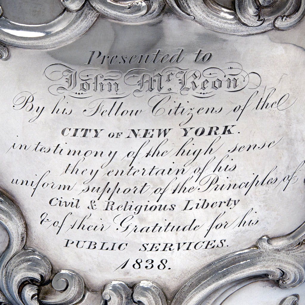 Inscription on James Thomson - The McKeon Vase: Monumental American Silver Covered Presentation Vase Designed by Sculptor Robert Ball Hughes, New York, NY, 1837