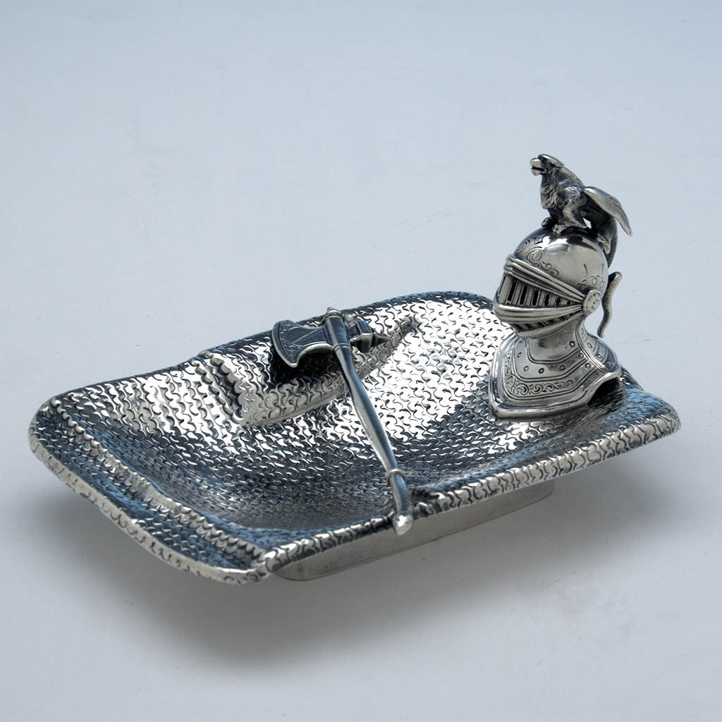 Angle view of Shiebler Medieval Figural Antique Sterling Silver Dish, New York City - c. 1890