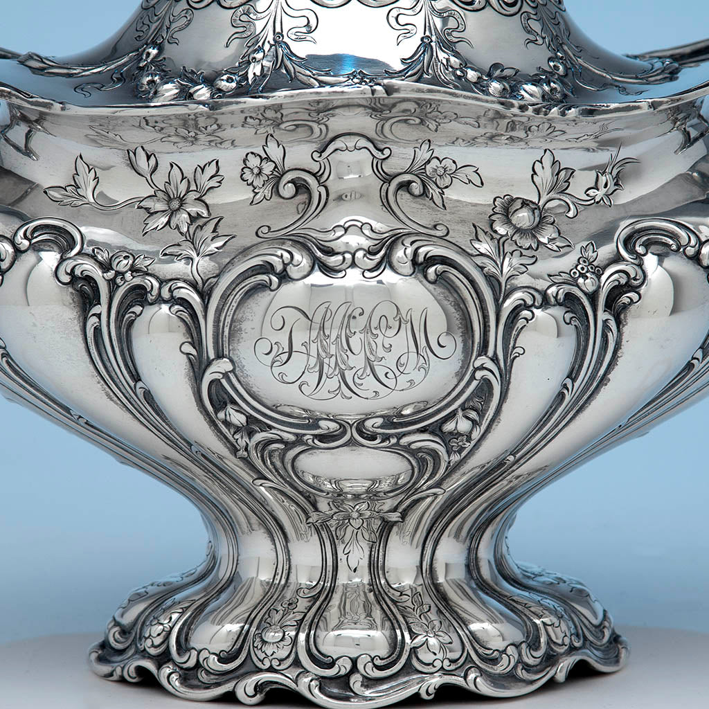Monogram on Gorham &#39;Chantilly&#39; Pattern Antique Sterling Silver Covered Soup Tureen, Providence, RI - 1899