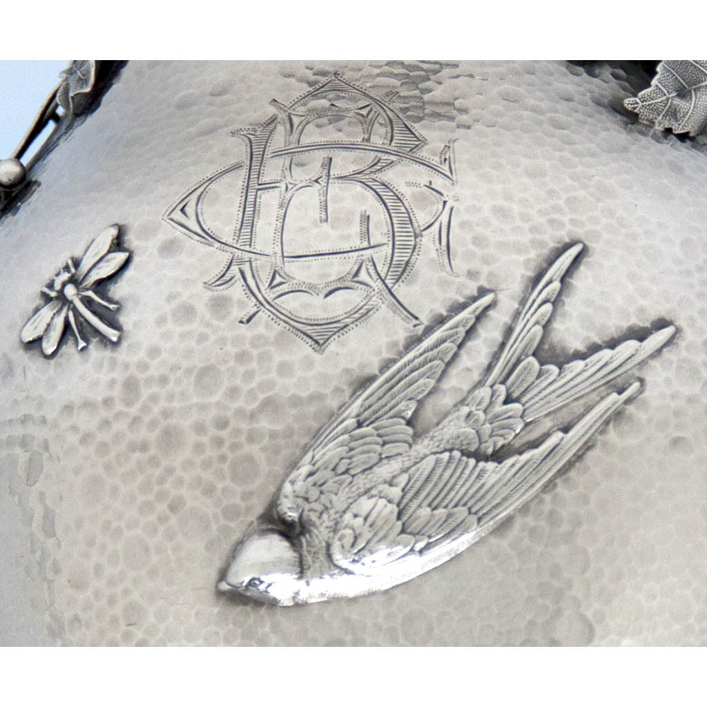 Applied bird and mono to George C. Shreve &amp; Co Antique Sterling Silver Aesthetic Movement Water Pitcher, San Francisco, c. 1880&#39;s