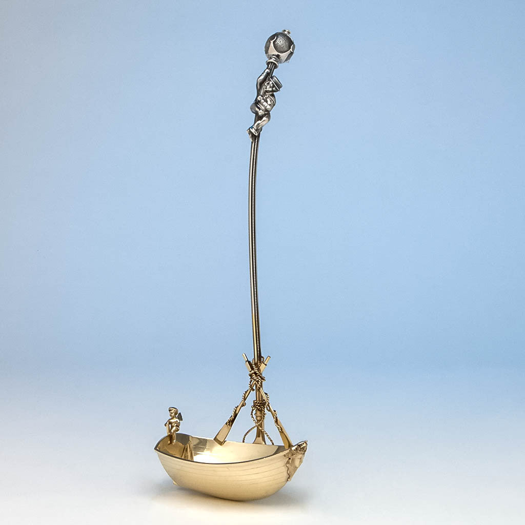 Angle view of George Sharp Antique Sterling Silver Figural Presentation Ladle, Philadelphia, PA, 1869