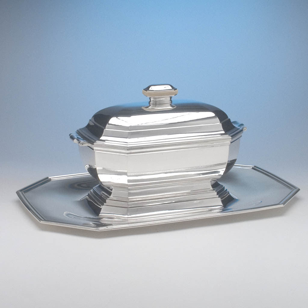 Angle of Tétard Frères French .950 Silver and Ivory Art Deco Covered Tureen on Stand, c. 1930