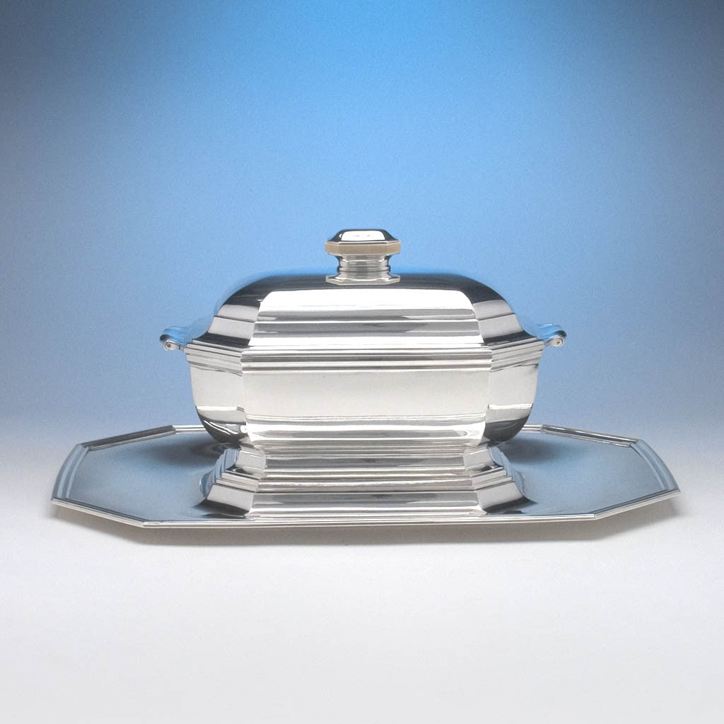 Tétard Frères French .950 Silver and Ivory Art Deco Covered Tureen on Stand, c. 1930