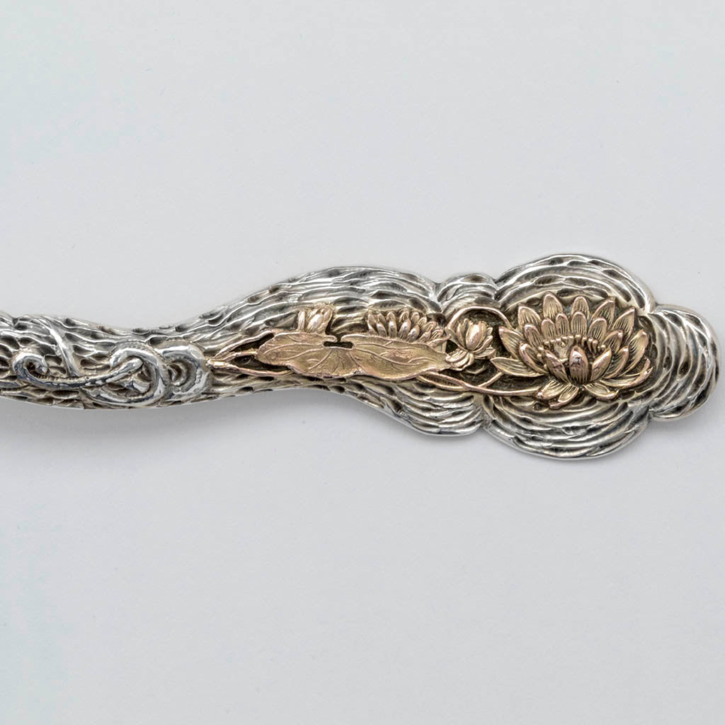 Applied gold on George Shiebler Aesthetic Design Antique Sterling Silver and 14k Gold Salad Serving Set, New York City, c. 1880&#39;s