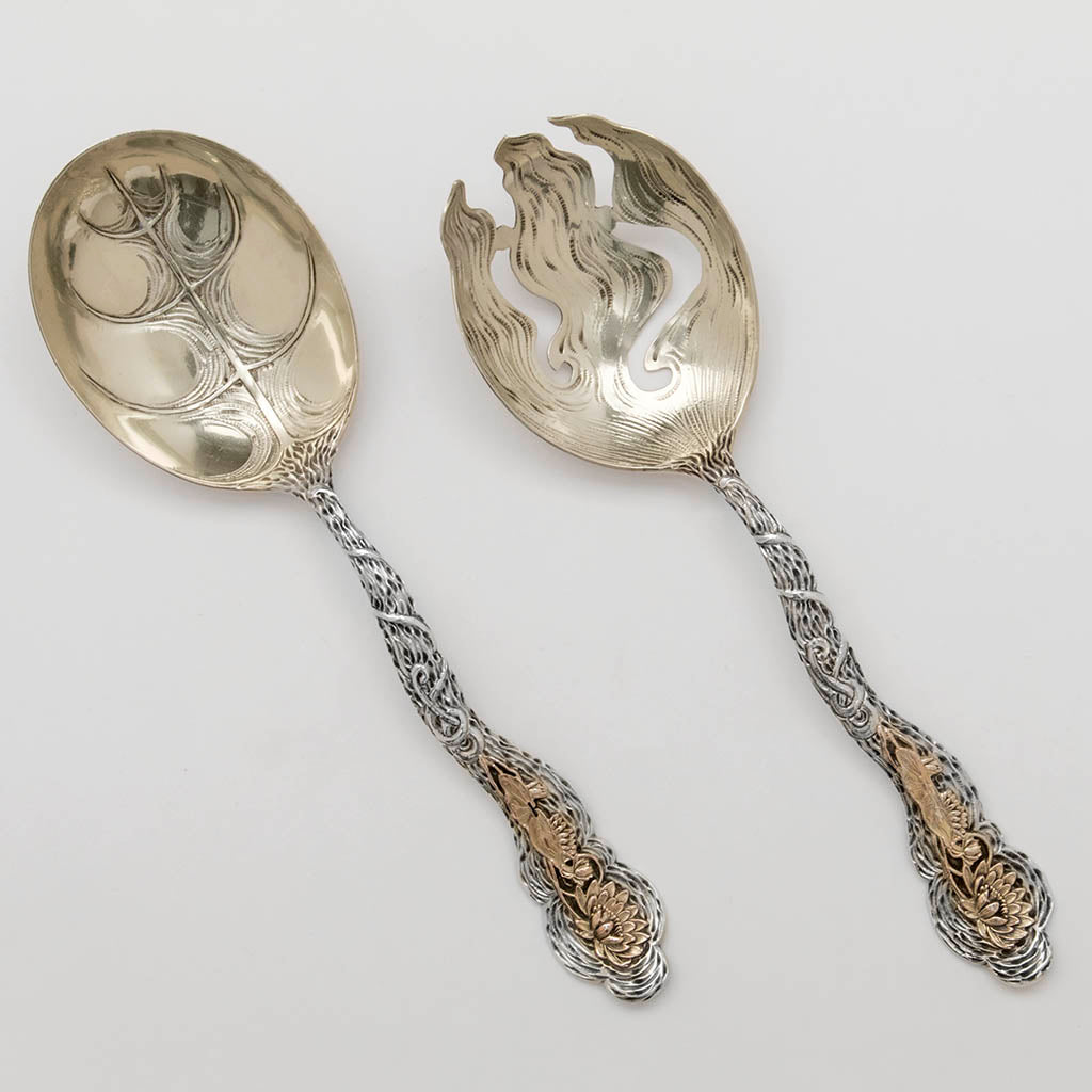 George Shiebler Aesthetic Design Antique Sterling Silver and 14k Gold Salad Serving Set, New York City, c. 1880&#39;s