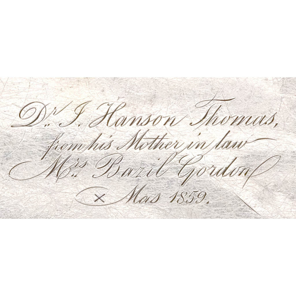 Inscription on S. Kirk &amp; Son 11oz Silver Footed Salver or Tray Bearing the arms of John Hanson Thomas, c. 1859