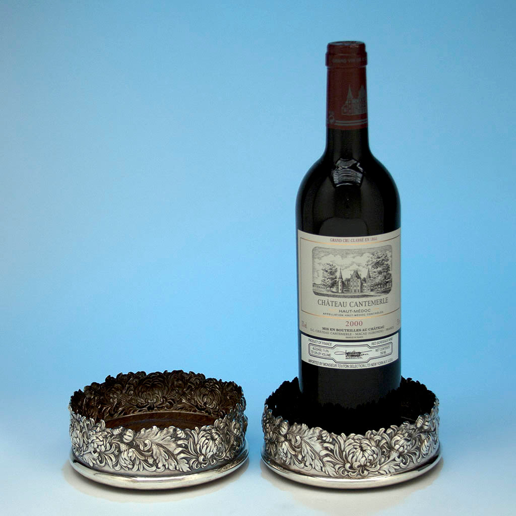 Pair of Shiebler ‘Chrysanthemum’ Antique Sterling Silver Wine Coasters, c. 1890’s