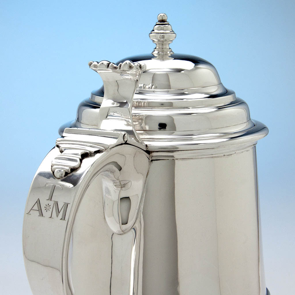 Initials on James T. Woolley Arts &amp; Crafts Sterling Silver Covered Tankard, Boston, early 20th century