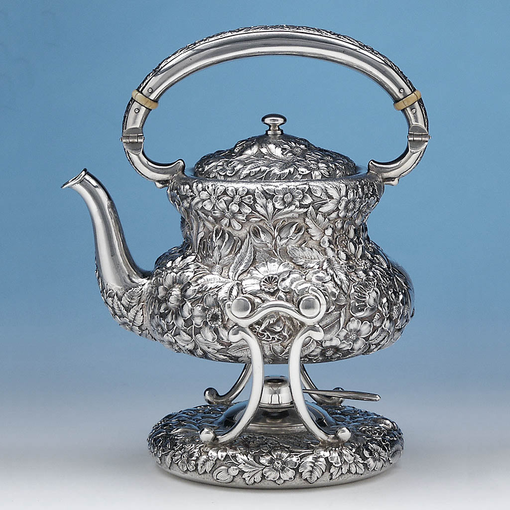 Kettle of Simons Brothers &amp;amp; Co Repoussé 6-piece Sterling Coffee and Tea Service, c. 1900