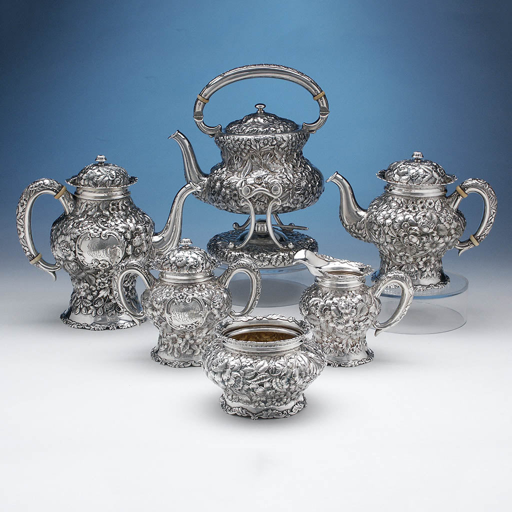 Simons Brothers &amp;amp; Co Repoussé 6-piece Sterling Coffee and Tea Service, c. 1900