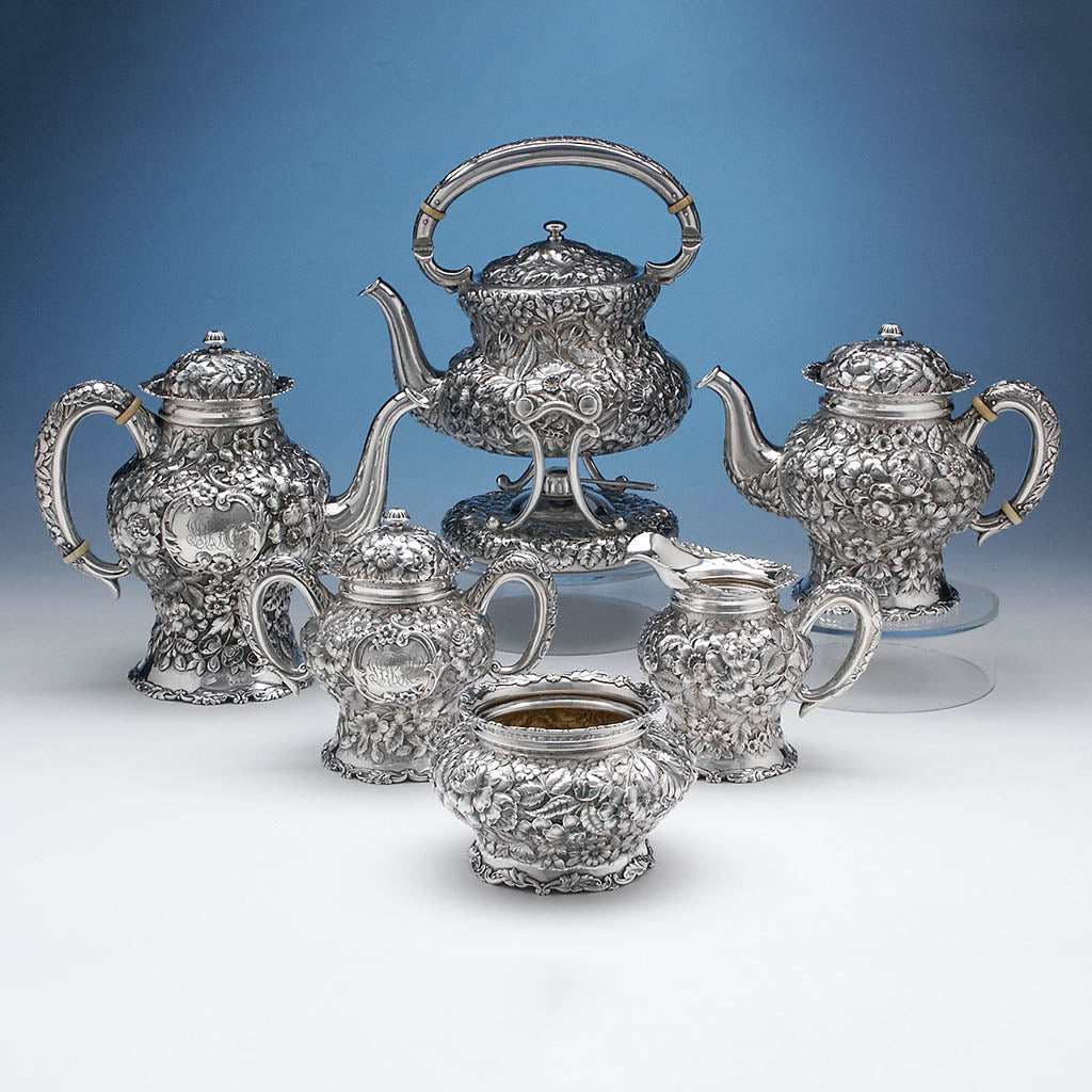 Simons Brothers &amp; Co Repoussé 6-piece Sterling Coffee and Tea Service, c. 1900