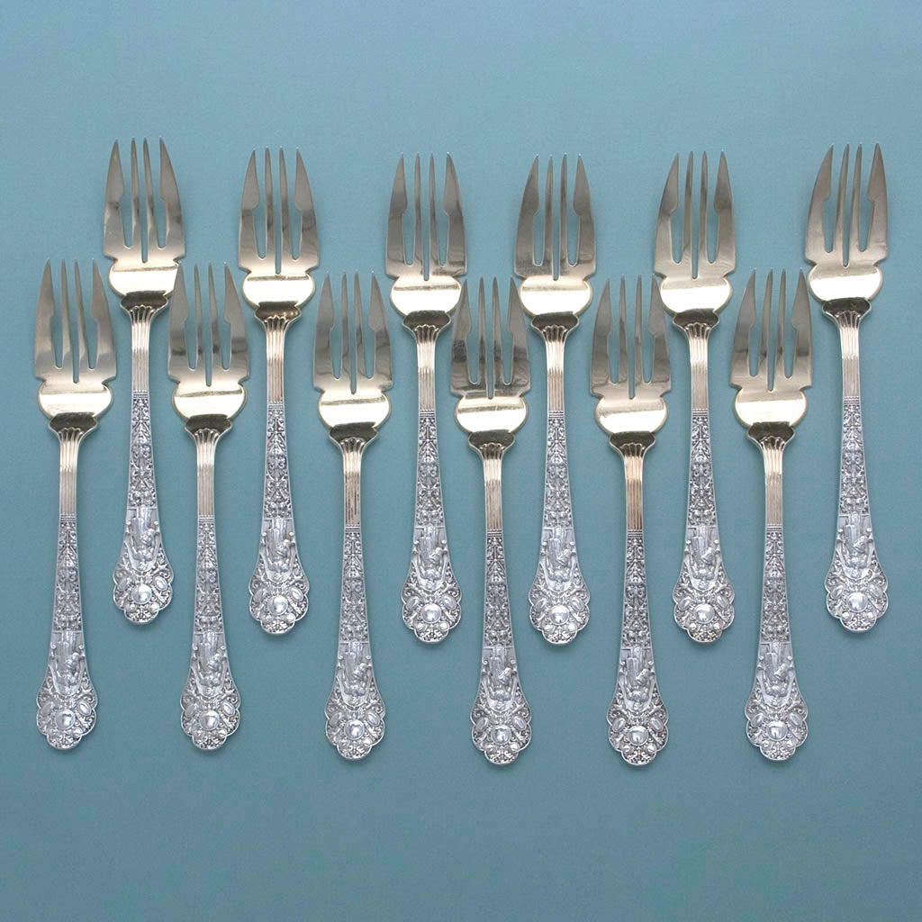 Gorham "Old Medici" Pattern Sterling Silver Salad Forks - 12, Prov., RI, c. mid-1880s