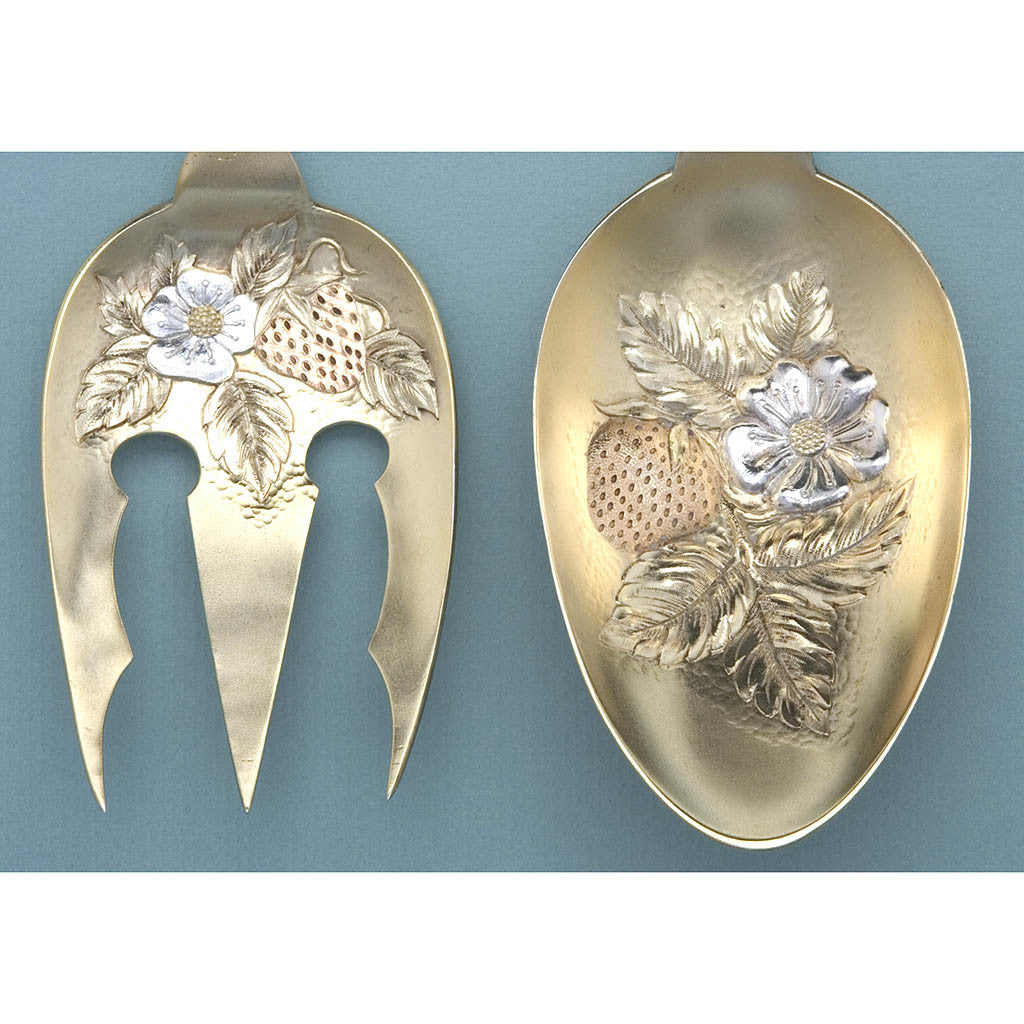 Bowl detail on Shreve &amp; Co Strawberry Design Antique Sterling Silver Salad Servers, San Francisco, 1883-94