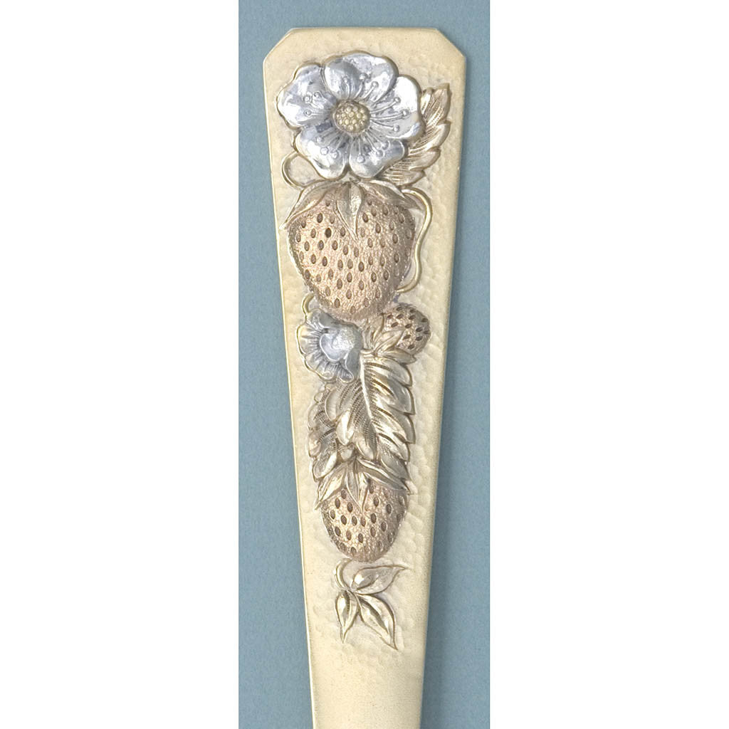 Handle detail on Shreve &amp; Co Strawberry Design Antique Sterling Silver Salad Servers, San Francisco, 1883-94