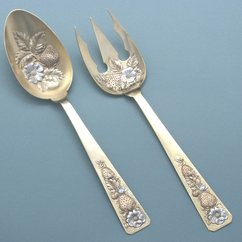 Shreve & Co Strawberry Design Antique Sterling Silver Salad Servers, San Francisco, 1883-94