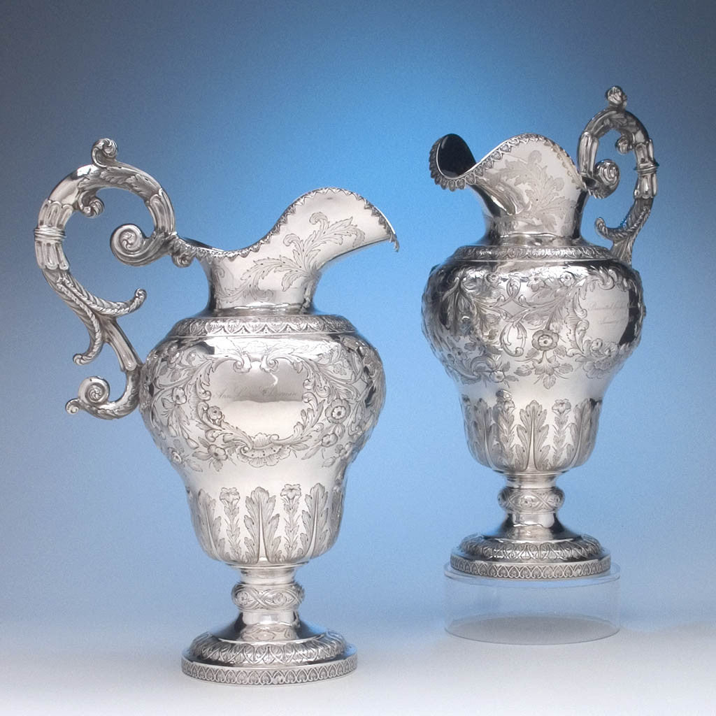 Gerardus Boyce Rare Pair of Antique American Coin Silver Ewers, New York City, c. 1842