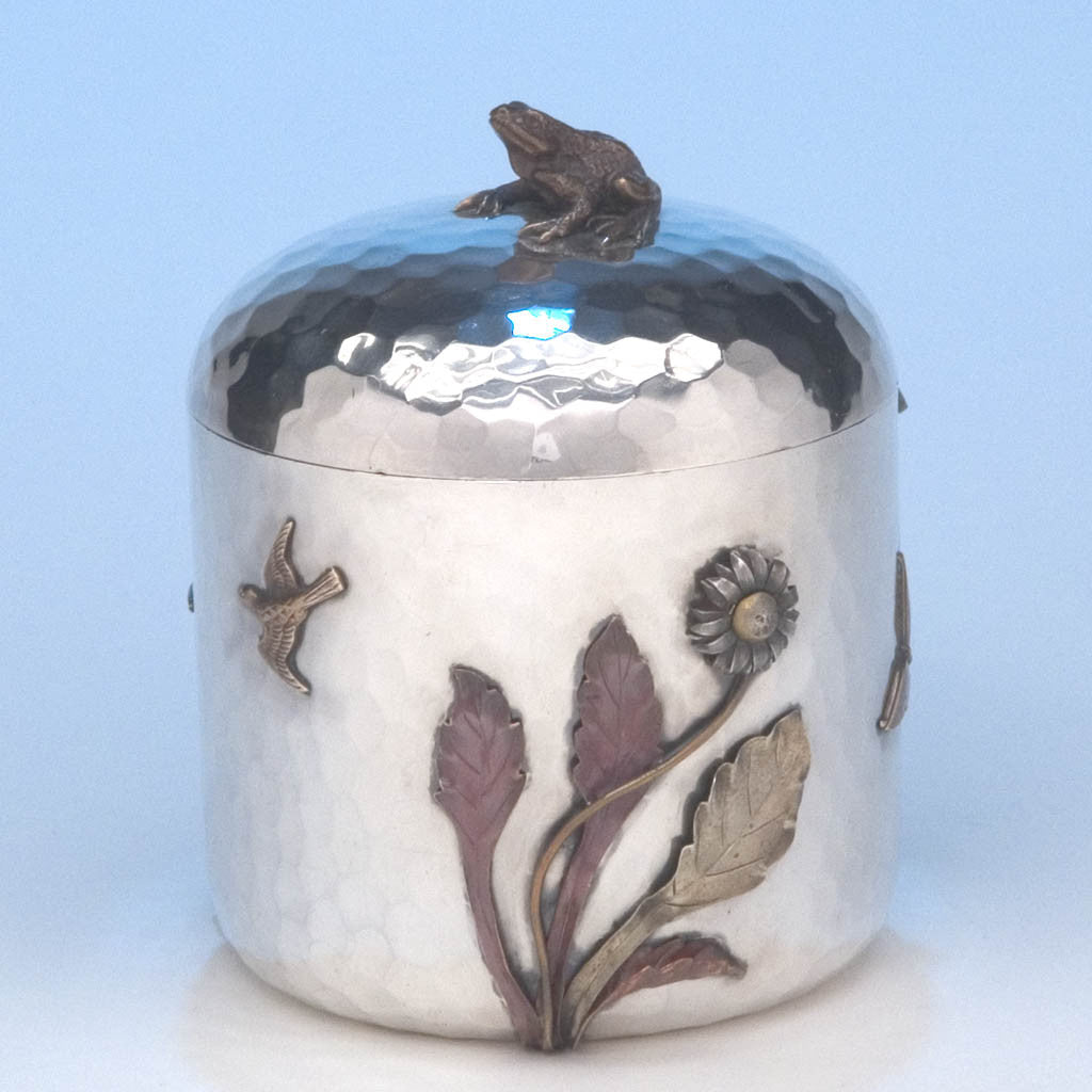 Reverse side of Gorham Sterling Silver and Other Metals Aesthetic Movement Mixed Metals Tobacco Jar or Humidor, c. 1881